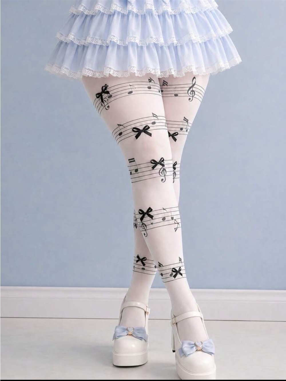 White Tights with Black Music Note & Bow Print